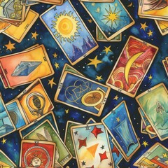 seamless watercolor pattern with mystical fortune telling tools tarot cards. divination background