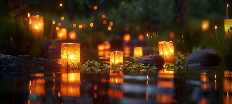 Floating lantern festival  paper lanterns on dark water, copy space for text, memorial day event.