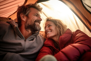 Adult couple inside a camping tent