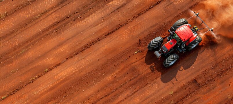 Agricultural tractor aerial view plowing and spraying on farmland field landscape