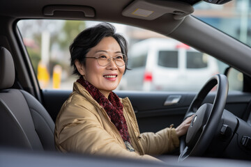 Middle aged Chinese woman inside a car and driving