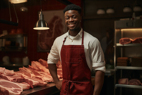 Young African American man in butcher clothes with fresh meat