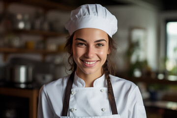 Young pretty brunette girl at indoors in chef uniform