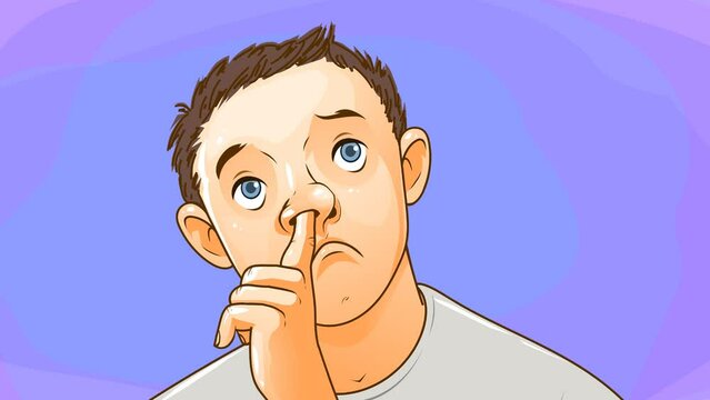 The kid picks his nose with his finger. The teenager's lack of interest. Cartoon.