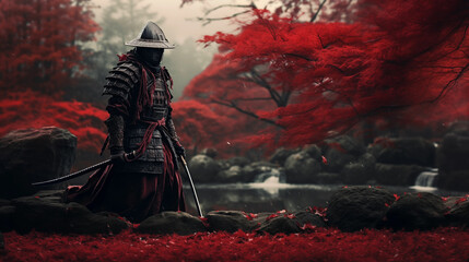 Samurai in japanischer Landschaft. Illustration - obrazy, fototapety, plakaty