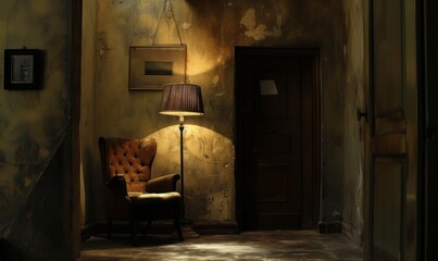 a chair and lamp in a room