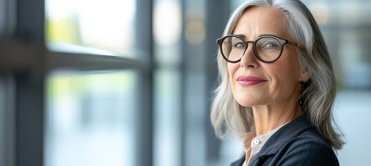 Middle aged professional woman with glasses looking out in office setting with copy space