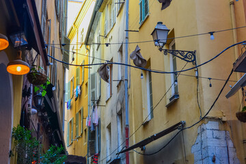 Nice, France, 02/13/2024: The architecture of the old town in Nice boasts a blend of Italian style...