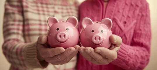 Senior couple s retirement dreams  holding pink piggy bank for future savings and pension commitment