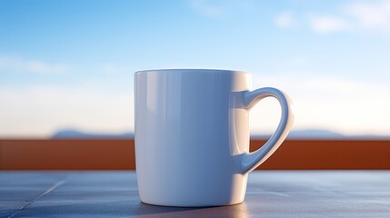 A mockup of a white coffee mug, White coffee to go cup on wooden table, mockup, Template with porcelain cup of tea for design of branding identity. Easy to change colour. Isolated from the background