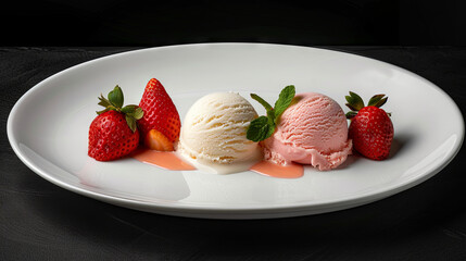Delicious cold scoops of ice cream  on a white round plate on a black background