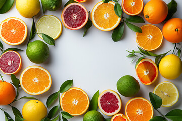Fresh citrus fruits formed frame on white background