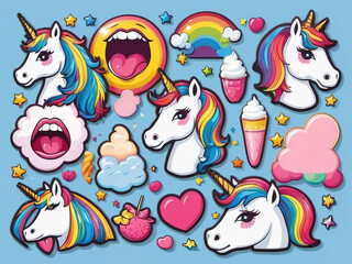 Vector set of cute cartoon unicorns, clouds, stars, rainbow, ice cream and other elements.