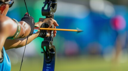 Dynamic archery shot, highlighting athleticism and motion, ideal for summer olympics concept. - Powered by Adobe