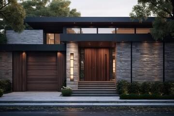 A contemporary house featuring a spacious entrance with a sizable front door, showcasing modern architecture and design elements. - obrazy, fototapety, plakaty