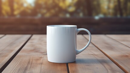 A mockup of a white coffee mug, White coffee to go cup on wooden table, mockup, Template with porcelain cup of tea for design of branding identity. Easy to change colour. Isolated from the background - obrazy, fototapety, plakaty