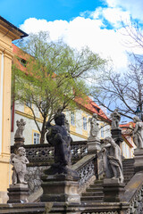 Stairway with baroque statues near Loreta Monastery in Prague, Czech Republic