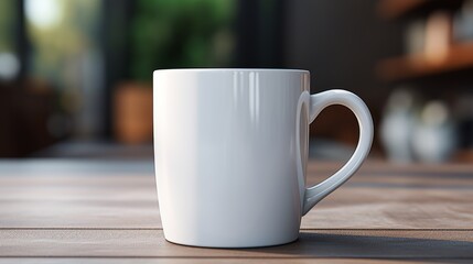 Obraz premium A mockup of a white coffee mug, White coffee to go cup on wooden table, mockup, Template with porcelain cup of tea for design of branding identity. Easy to change colour. Isolated from the background