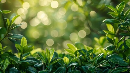 Obraz premium Spring Green Botanical Background with Blurred Bokeh: Seasonal Poster Design Material