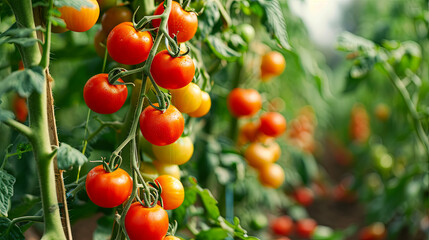 Agricultural development concept, cherry tomato harvest - obrazy, fototapety, plakaty