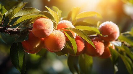 Ripe peaches growing on a branch with green leaves in the garden. Sunny day. Bokeh effect. AI generative