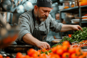 Caucasian male middle aged chef is working in the restaurant, in process