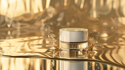 Cosmetic Cream Jar Splashing into Water with Golden Hues
