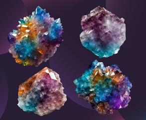 Four natural mineral  crystal clusters with a dark purple background