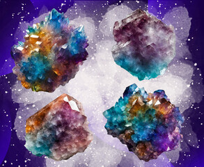 Two natural mineral  crystal clusters with a white powder-textured and dark purple background