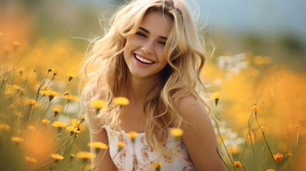 Smiling beautiful girl in the field with flowers. Sunny summer day. Forbs and wild flowers