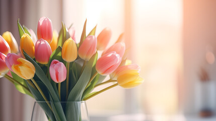 A beautiful bouquet of tulips on a cozy background
