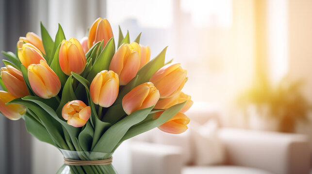 A beautiful bouquet of tulips on a cozy background
