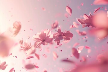 Obraz na płótnie Canvas Sakura petals falling down. Cherry Blossom Petals. Romantic pink flowers falling rain. Flying petals on blue sky wide background. Love, romance concept. Likable wedding invitation.