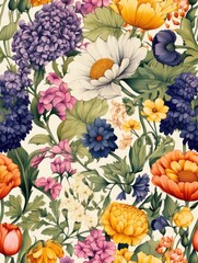Watercolor Pattern of Flowers, Herbs, and Fruits