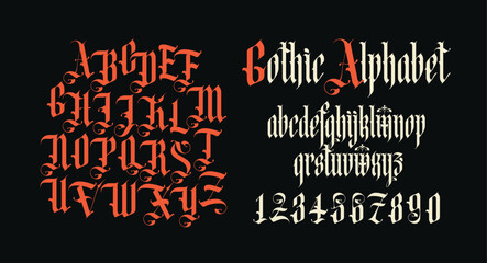 Gothic font. Full set of capital, small letters and numbers of the English alphabet in vintage style. Medieval Latin letters. Vector calligraphy and lettering. Suitable for tattoo, label, logo