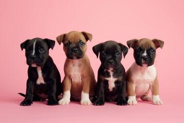 Group portrait of adorable puppies on pink background