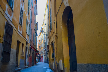 Nice, France, 02/13/2024: The architecture of the old town in Nice boasts a blend of Italian style...