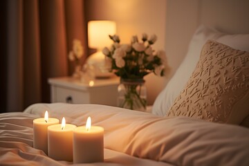 Fototapeta na wymiar Brightly lit bedroom with a closeup of fragrant burning white candles. Concept Bedroom Decor, Candle Photography, Interior Design, Ambient Lighting, Aromatherapy