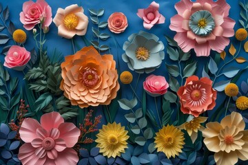 Artistic paper flower assortment with a variety of blooms on a blue backdrop