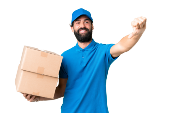 Delivery caucasian man over isolated chroma key background giving a thumbs up gesture