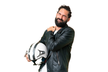 Young man with beard with a motorcycle helmet over isolated chroma key background suffering from pain in shoulder for having made an effort