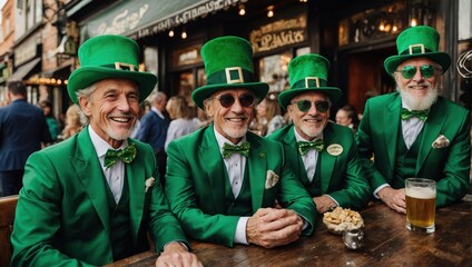 St. Patrick's Day. Irish men wearing green suits and hats sit at a pub.