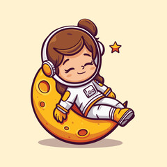 Cute astronaut girl character having a nap on moon vector cartoon
