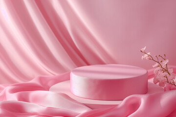 Fototapeta na wymiar Luxury beauty product podium stage with silk fabrica, pink background