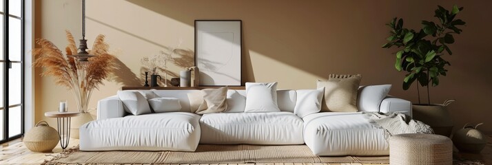 Modern Living Room Interior with White Sofa and Mock Up Poster: 3D Rendering