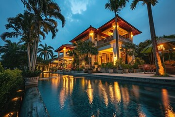 Fototapeta na wymiar Luxury Villa Exterior: Modern Style Architecture and Interior Design with Island View