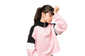 Little girl over isolated green chroma key background with headache