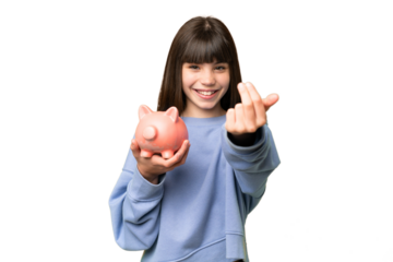 Little girl holding a piggybank over isolated chroma key background inviting to come with hand. Happy that you came