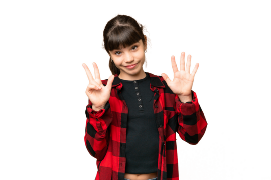 Little girl over isolated green chroma key background counting eight with fingers