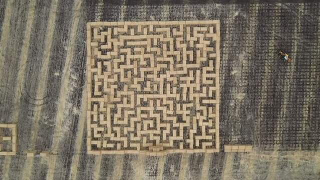 Huge hay labyrinth, straw maze, hay maze. Aerial bird's eye drone view on a field.